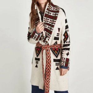 Zara Aztec Tribal Belted Cardigan Sweater Jacket Coat!